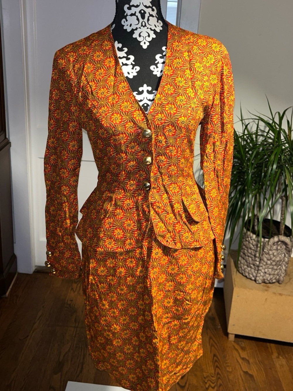 Vintage Christian Lacroix Paris Orange Floral Skirt Suit Archival 2-Piece 6087